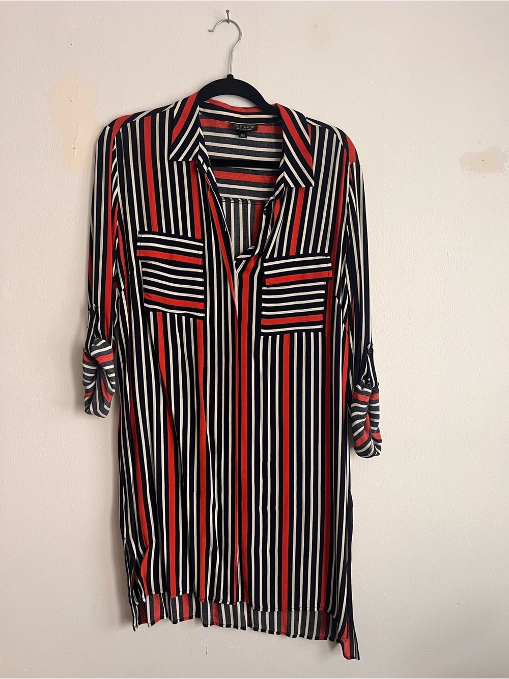 Topshop Navy, White & Red Striped Shirt Dress
